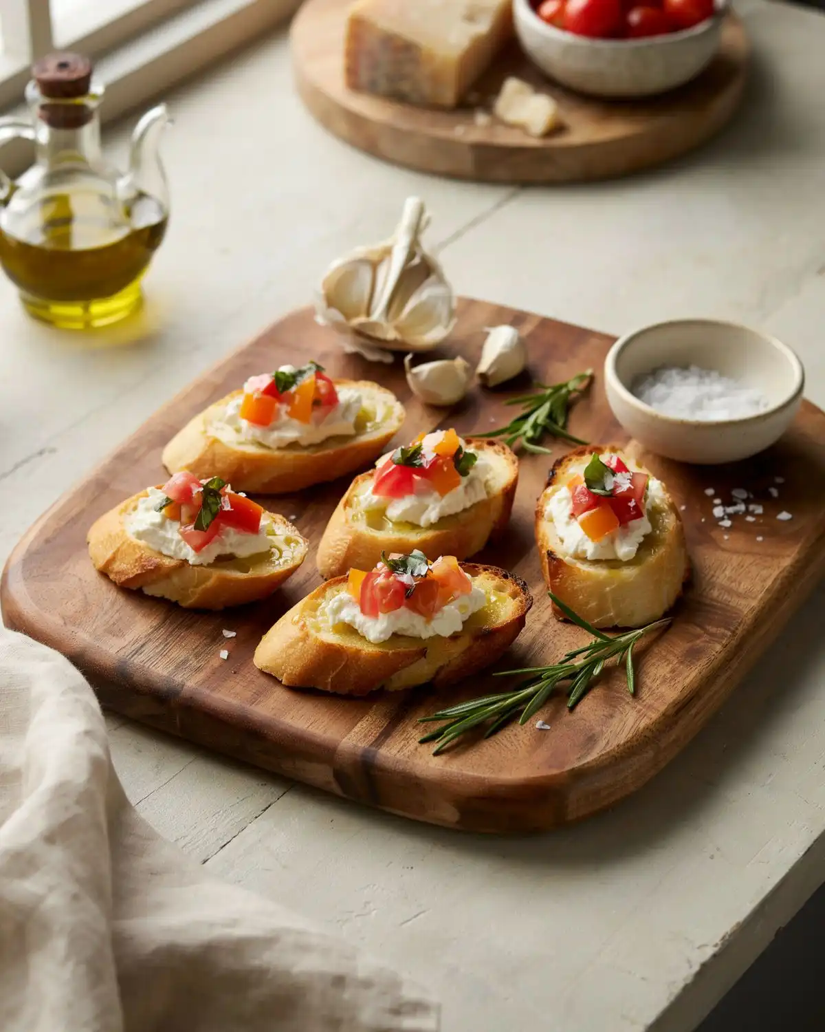 Crisp rosemary garlic crostini topped with whipped ricotta and tomato