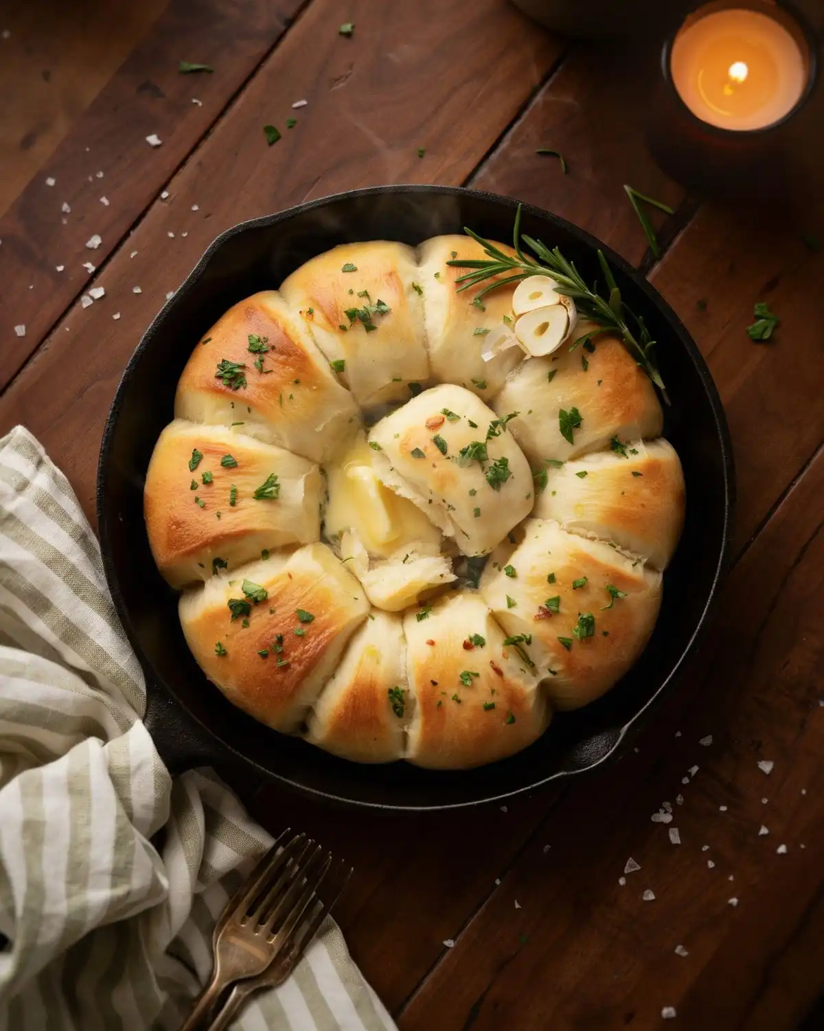 Soft golden garlic herb dinner rolls baked together in a pan