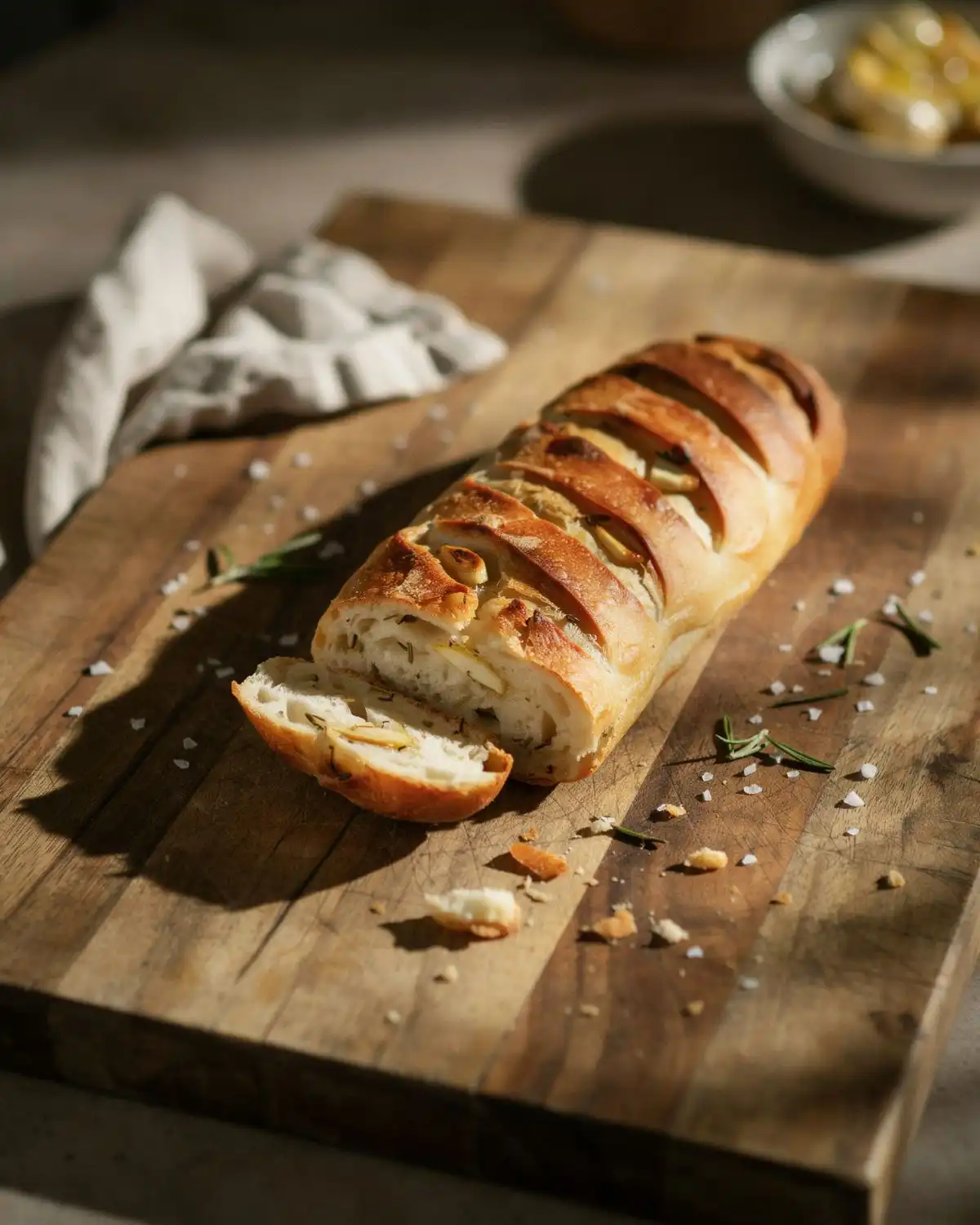 Roasted garlic and herb baguette with a crackly crust sliced open