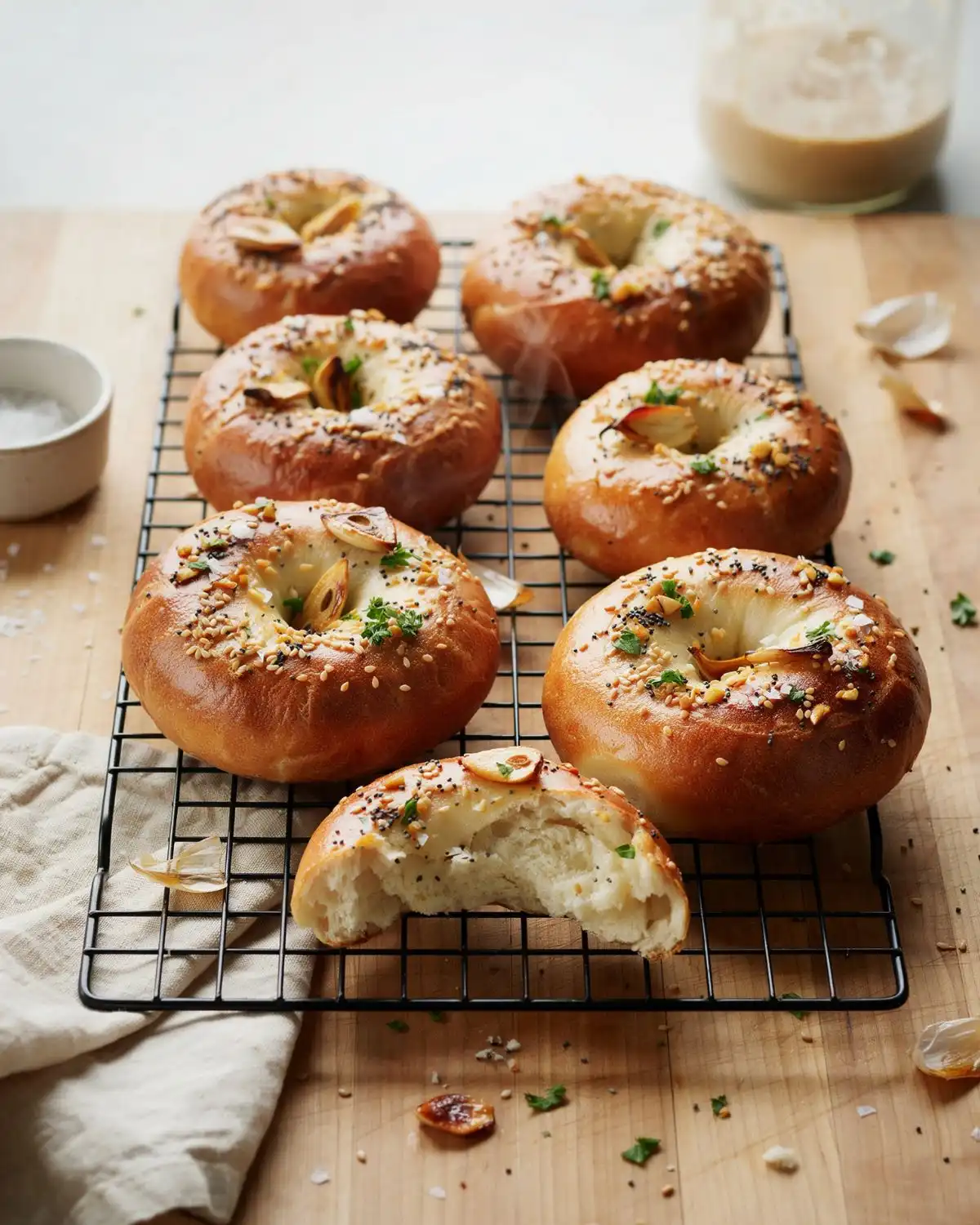 Chewy sourdough garlic herb bagels topped with roasted garlic and herbs