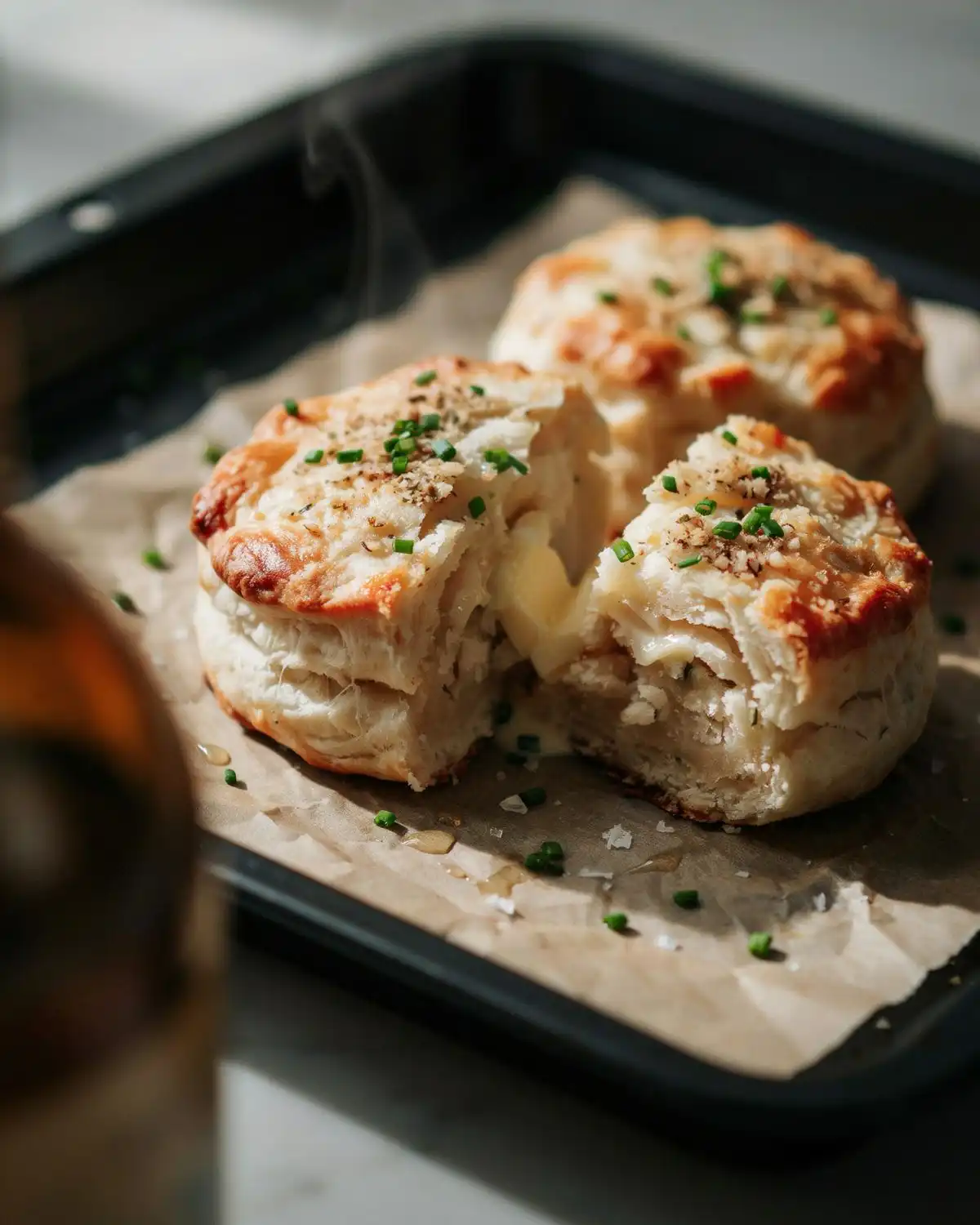 Flaky garlic herb biscuits split open showing buttery layers