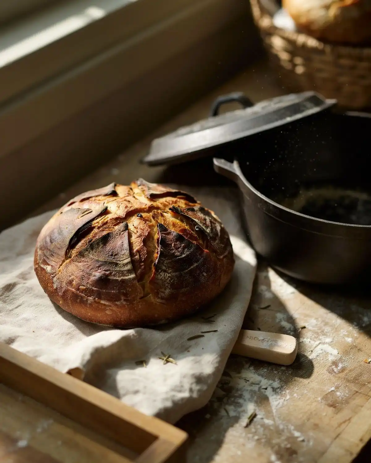 Rustic rosemary sourdough boule with a caramelized crust on a floured cloth