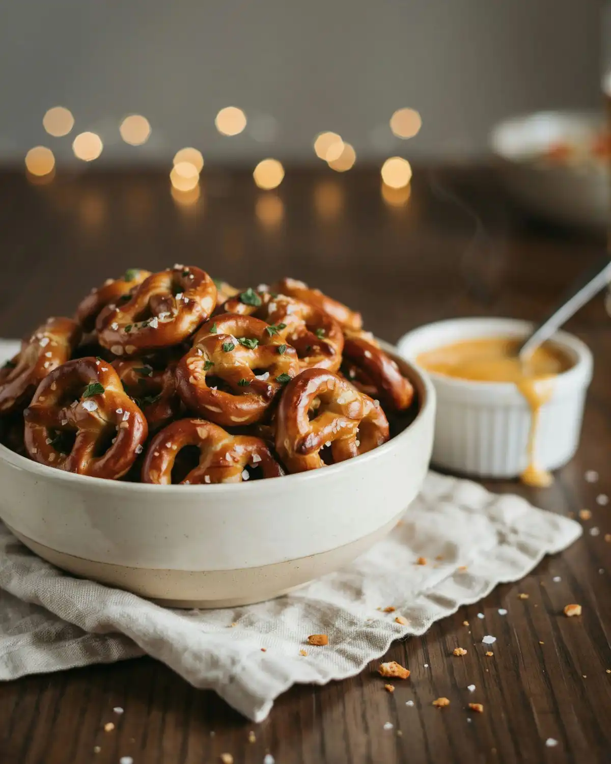  Glossy garlic herb pretzel bites served with cheese dip