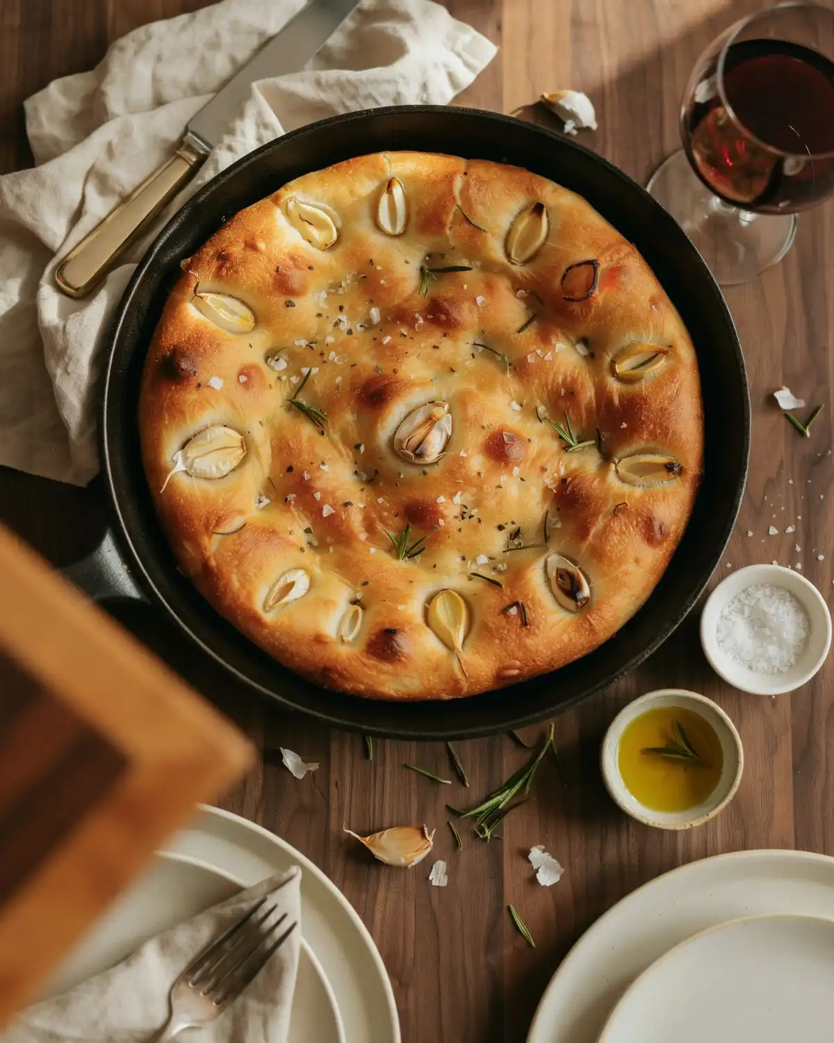 Garlic rosemary skillet bread baked in a cast iron pan
