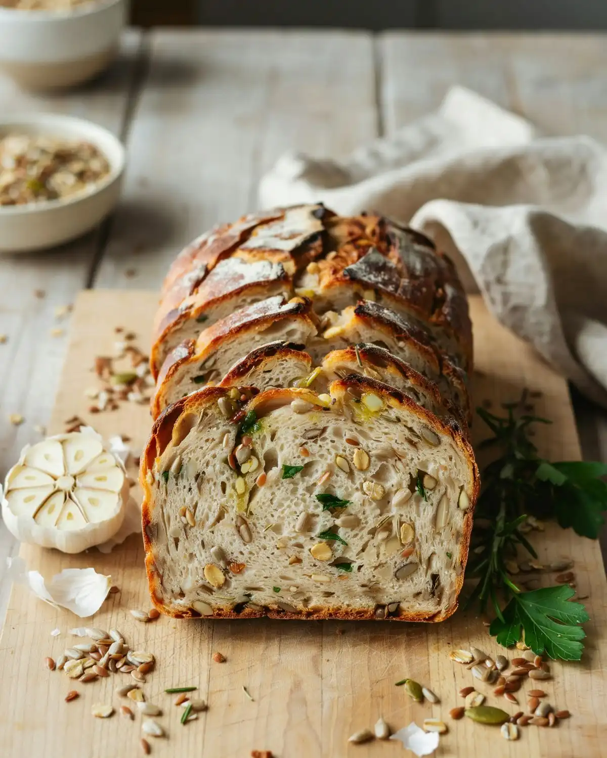 Sliced garlic herb multigrain loaf with visible oats and seeds