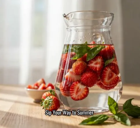 Glass pitcher of strawberry basil infused water, a refreshing homemade summer drink