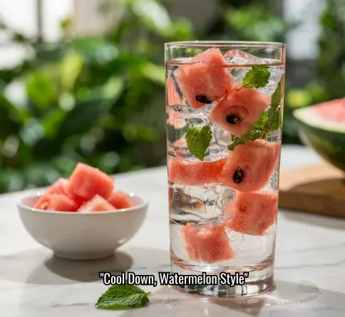 Watermelon mint infused water in a glass, easy homemade summer drink for hydration