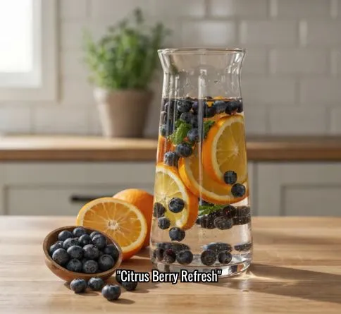 Orange and blueberry infused water, colorful homemade summer drink recipe