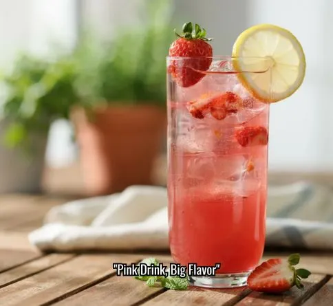 Strawberry lemonade in a glass garnished with lemon, refreshing summer drink for kids
