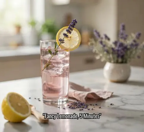 Lavender lemonade in a glass with lavender garnish, floral homemade summer drink