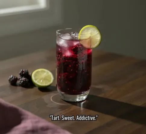 Blackberry limeade in a glass, dark purple homemade summer drink recipe