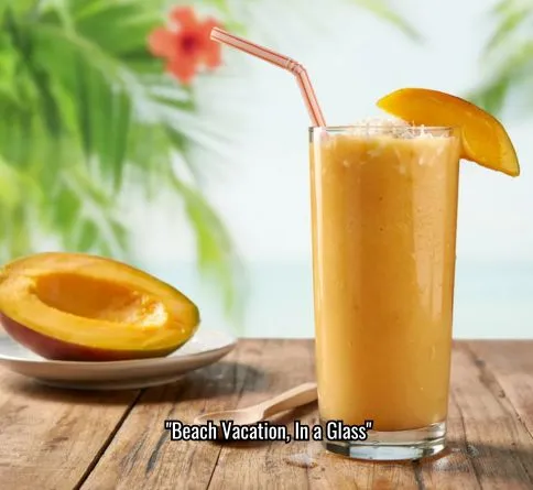 Mango coconut smoothie topped with shredded coconut, tropical homemade summer drink