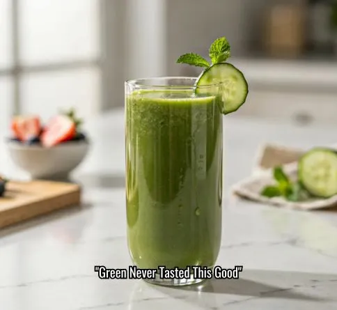 Green detox smoothie in a glass, healthy homemade summer drink recipe
