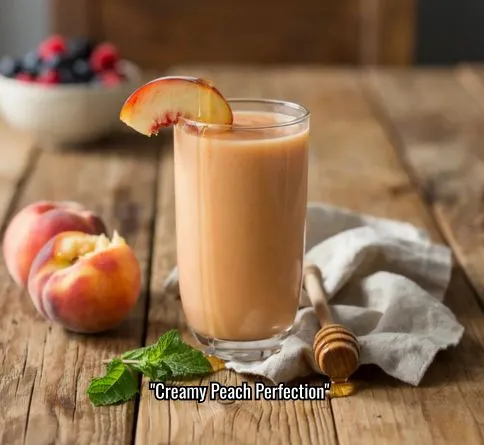 Peach yogurt smoothie garnished with peach slice, protein-packed summer drink