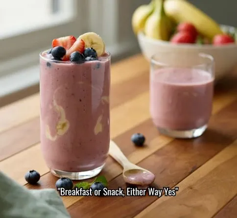 Berry banana smoothie in a glass, thick homemade summer drink for kids