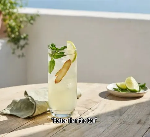 Homemade ginger ale with lime garnish, fizzy non alcoholic summer drink