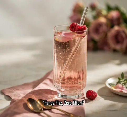 Raspberry rose soda in a glass with raspberries, sparkling homemade summer drink