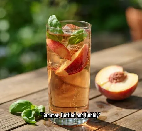 Peach basil soda in a glass, refreshing sparkling summer drink recipe