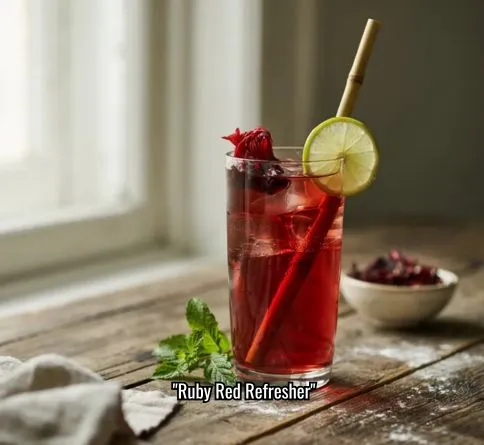 Hibiscus iced tea in a glass, vibrant homemade summer drink recipe