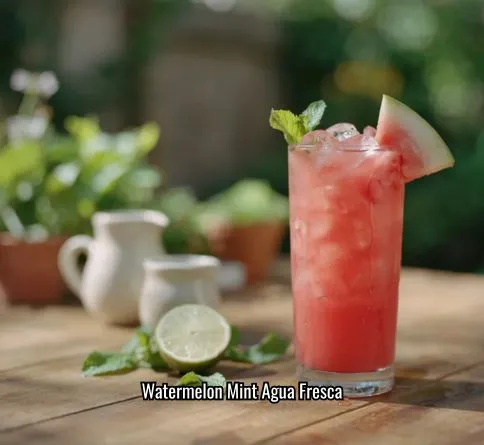  Watermelon mint agua fresca in a tall glass with crushed ice, mint sprig, and watermelon wedge garnish.
