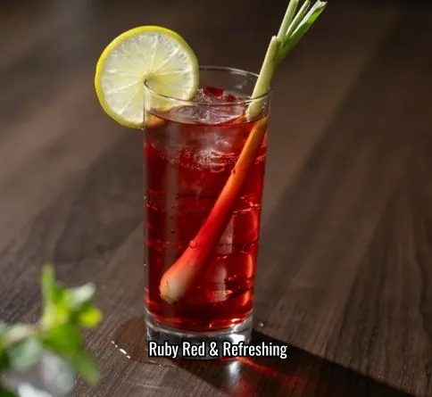 Hibiscus lemongrass iced tea in a tall glass with ice, lime wheel, and lemongrass stalk garnish.
