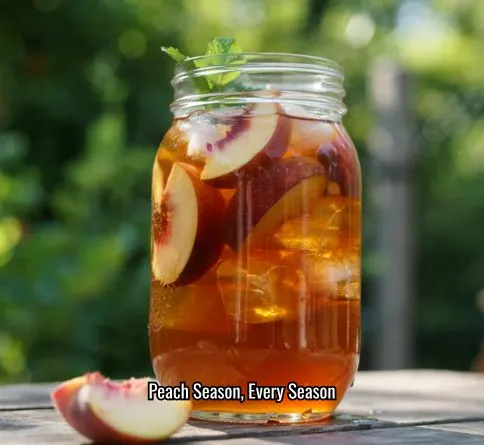 Peach iced tea in a mason jar glass with fresh peach slices and a mint garnish.
