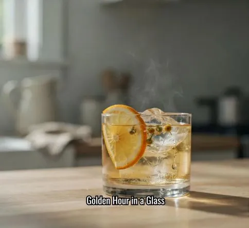 Chamomile citrus cooler in a rocks glass with orange wheel and chamomile flower garnish.
