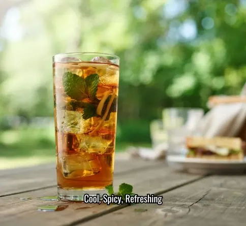Mint ginger iced tea in a tall glass with ginger slices, fresh mint leaves, and ice.
