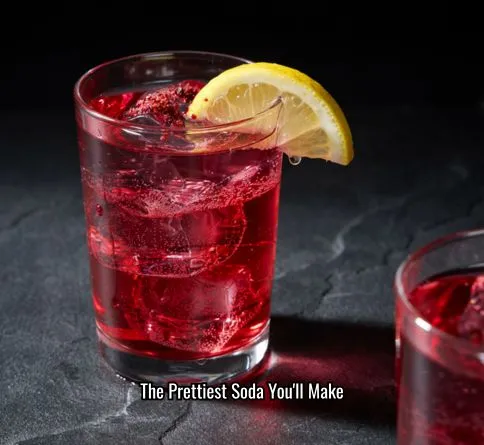  Beet sumac soda in a clear tumbler with fine bubbles and a lemon wedge garnish.
