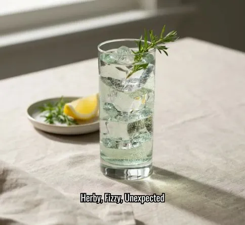 Tarragon soda in a highball glass with carbonation bubbles and a fresh tarragon sprig garnish