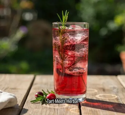 Cranberry rosemary refresher in a tall glass with ice and a rosemary sprig garnish.
