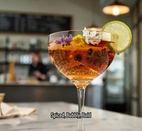  Chai blossom fizz in a coupe glass with fizzy bubbles and edible flower petals.
