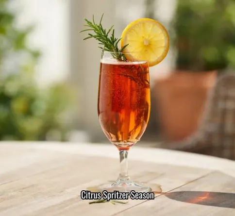 Tangerine rosemary spritzer in a wine glass with rosemary sprig and tangerine slice garnish.
