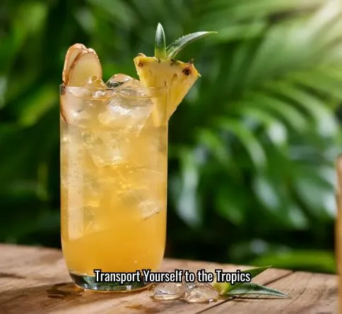 Pineapple coconut water cooler in a tall glass with pineapple wedge and ginger garnish.
