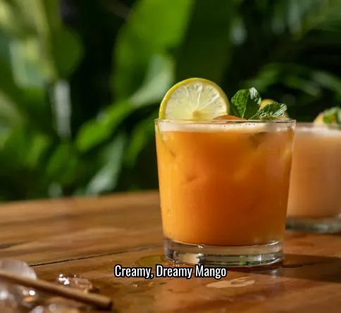 Mango lime cooler in a short glass with a creamy blended texture, lime wheel, and mint garnish.
