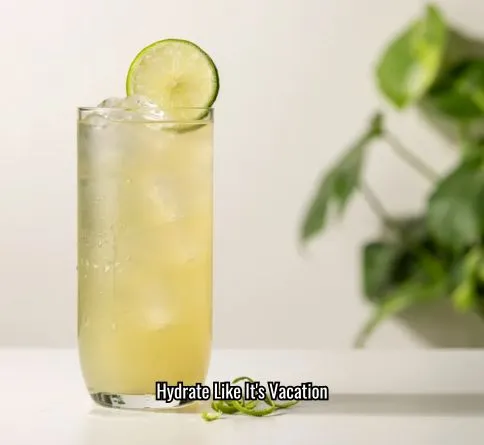 Coconut lime refresher in a tall glass over ice with a lime wheel garnish.
