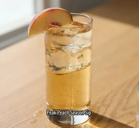 White peach maple soda in a highball glass with fine bubbles and a peach slice garnish.
