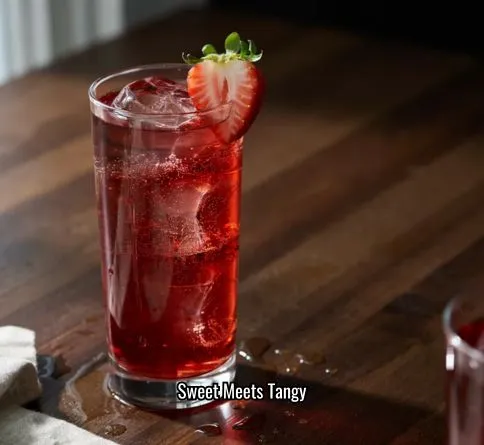 Strawberry balsamic shrub soda in a tall glass with ice and a strawberry half garnish.
