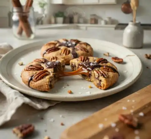 Caramel pecan cookies with golden edges, toasted pecans, and a soft gooey caramel center.
