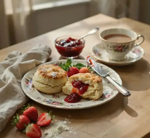Homemade blueberry scones with juicy fresh blueberries, flaky buttery texture, and lemon zest on a rustic wooden table.
