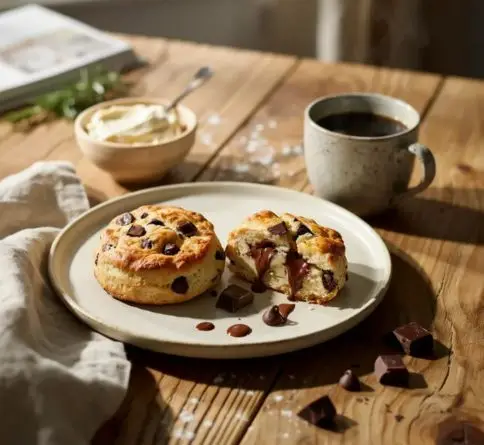  Warm chocolate chip scones with melted chocolate chunks and flaky buttery layers served with fresh coffee.
