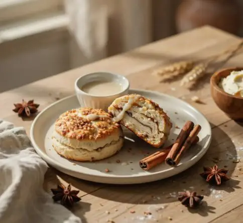Soft cinnamon scones with a sweet cinnamon sugar topping and vanilla glaze on a rustic bakery-style table.
