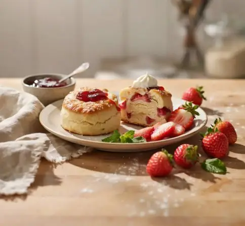 Homemade strawberry cream scones filled with fresh strawberries and served with whipped cream on a vintage plate.