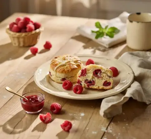  Flaky raspberry white chocolate scones topped with white chocolate drizzle and fresh raspberries.
