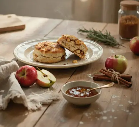 Warm apple cinnamon scones with tender baked apples, cinnamon spice, and buttery flaky texture.