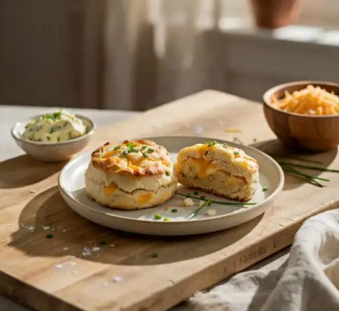 Savory cheddar chive scones with melted sharp cheddar cheese, fresh chives, and flaky golden crust.
