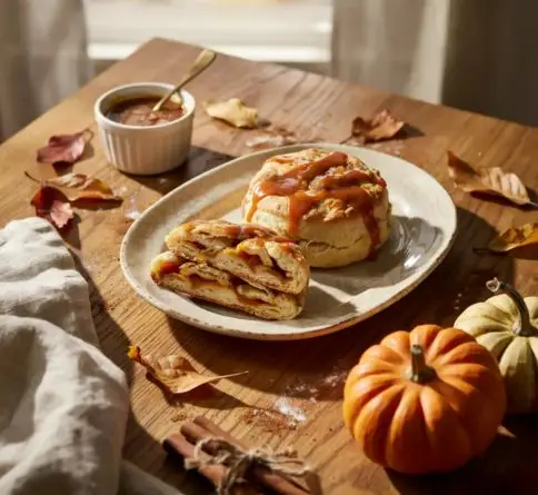 Homemade pumpkin spice scones with maple glaze, warm fall spices, and soft flaky texture.
