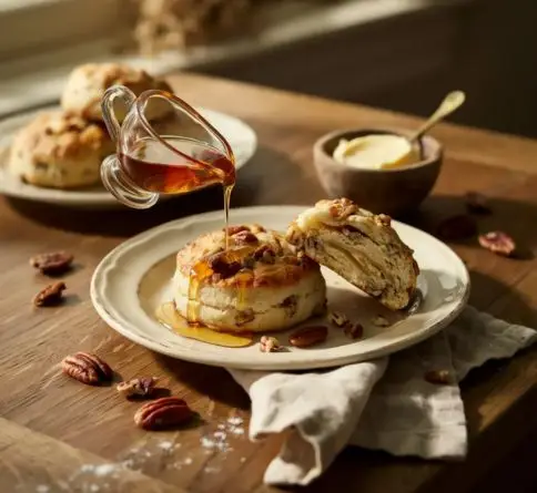 Fresh maple pecan scones topped with toasted pecans and sweet maple glaze on a rustic wooden table.