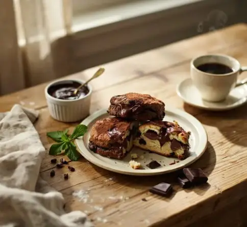 Rich double chocolate scones with cocoa, melted chocolate chunks, and flaky bakery-style texture.