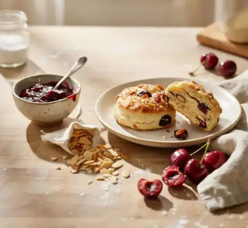 Tender almond cherry scones with dried cherries, sliced almonds, and buttery flaky layers.
